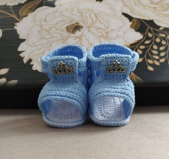 Crochet Baby Boy Booties: Blue Cotton Newborn Shoes