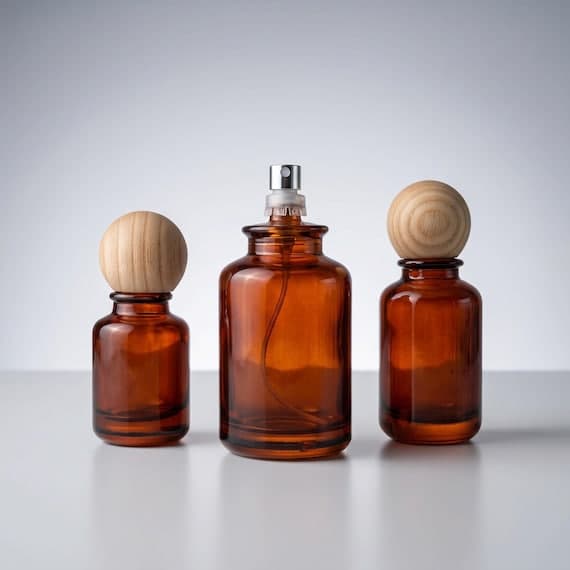 Amber Glass Spray Bottle, Refillable Perfume Bottle with Wooden Cap, 30ml 50ml 100ml Crimp Atomizer
