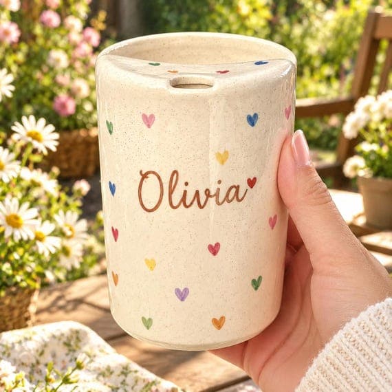 Personalized Ceramic Travel Mug with Lid, Colorful Heart Mug, Custom Name Ceramic Tumbler, Handmade Pottery To Go Cup, Gift for Her