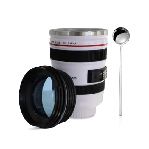Camera Lens Coffee Mug, Cameras Lens Mug, Travel Tumbler Lens Mugs Stainless Steel Camera Coffee Mug with Spoon, Interesting Photographers Gifts for W