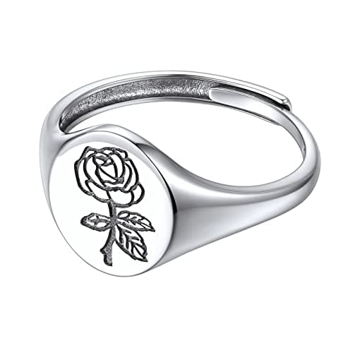 ChicSilver June Birth Flower Ring 925 Sterling Silver Handmade Rose Signet Ring Adjustable Dainty Engraved Floral Statement Ring Personalized Jewelry